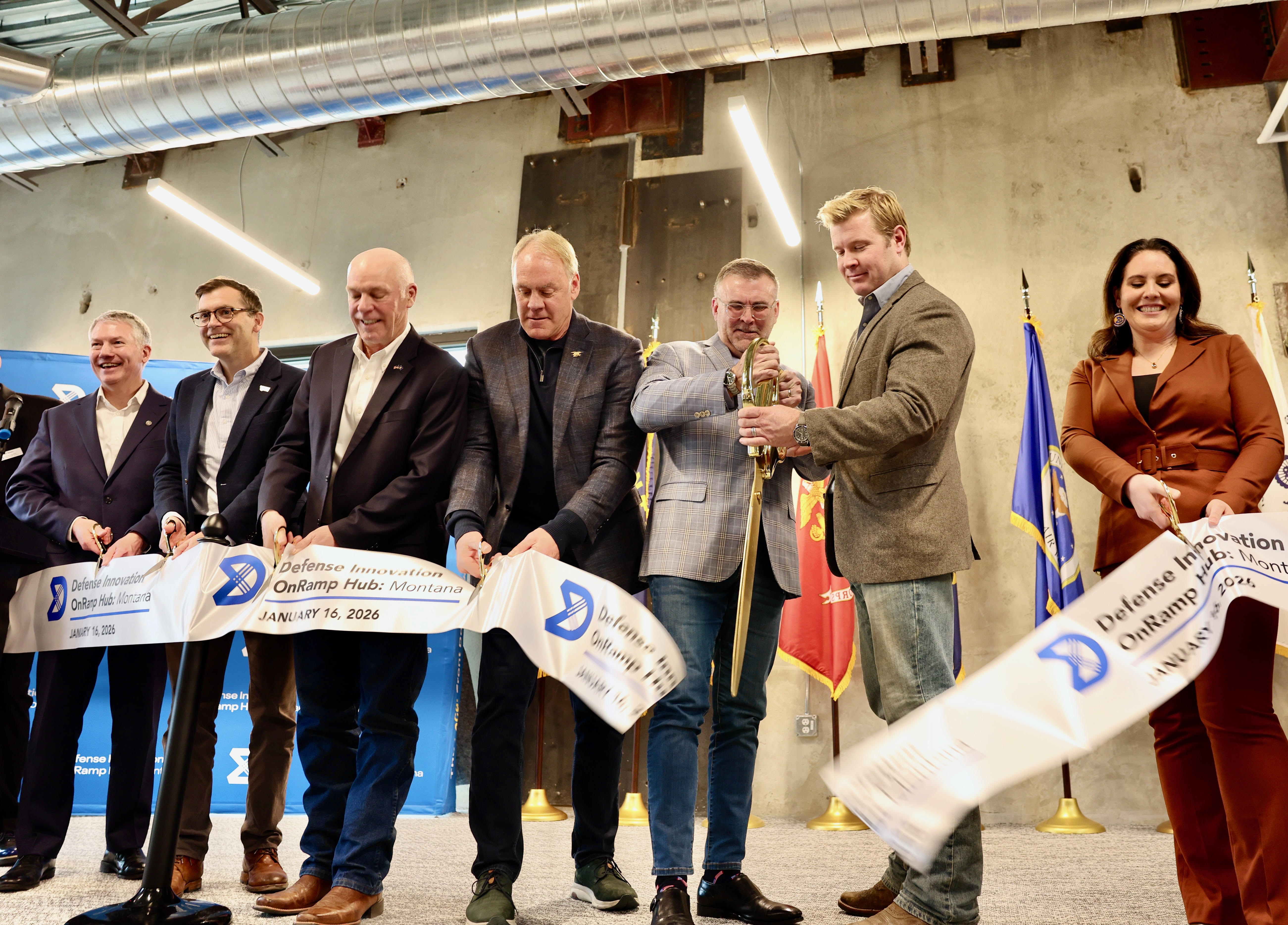 Gov. Gianforte cutting the ribbon to celebrate Montana State University’s designation as a DIU OnRamp Hub during a ceremony held in Bozeman