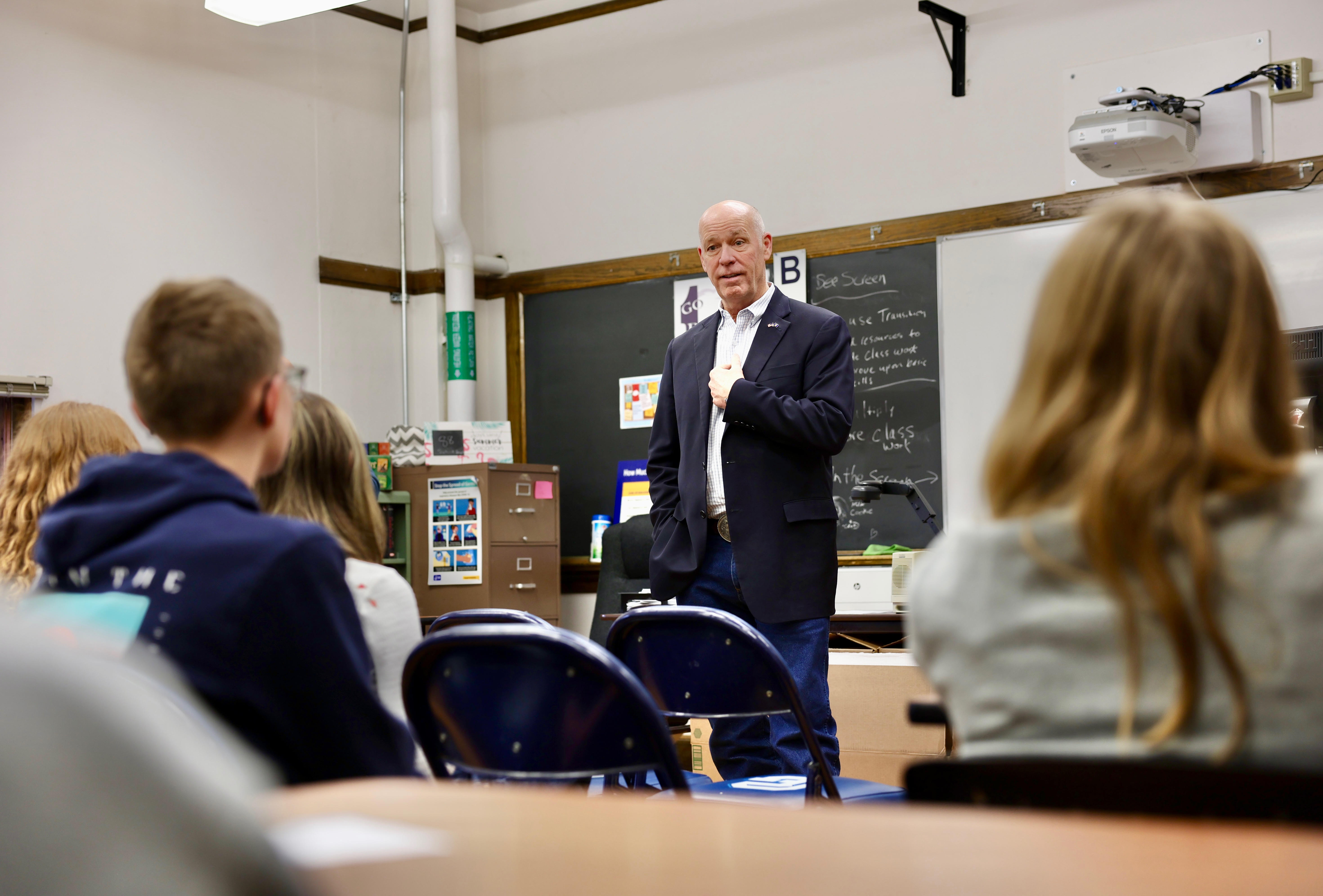 Gov. Gianforte talking with students during the Career Exploration class at Great Falls High School