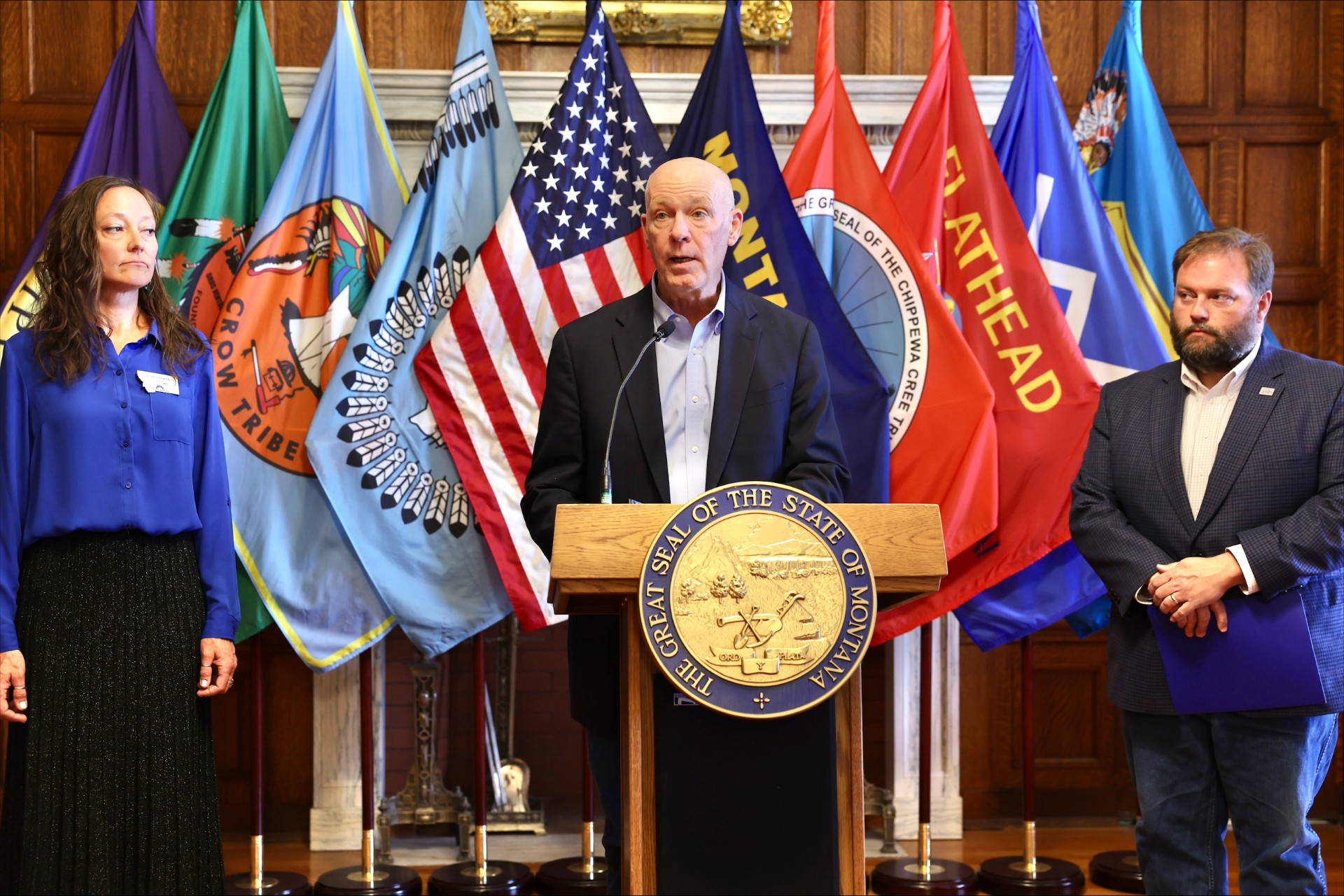 Gov. Gianforte launching the “Two Lights Montana” Initiative with ServeMontana Director Sarah Sadowski (left) and Montana 250 Chair Chris Averill (right) 