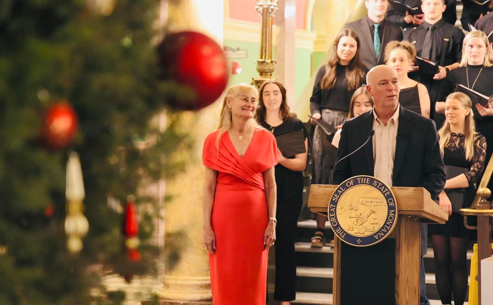 Gov. Gianforte and First Lady Gianforte speaking during the 2023 Capitol Christmas tree lighting ceremony