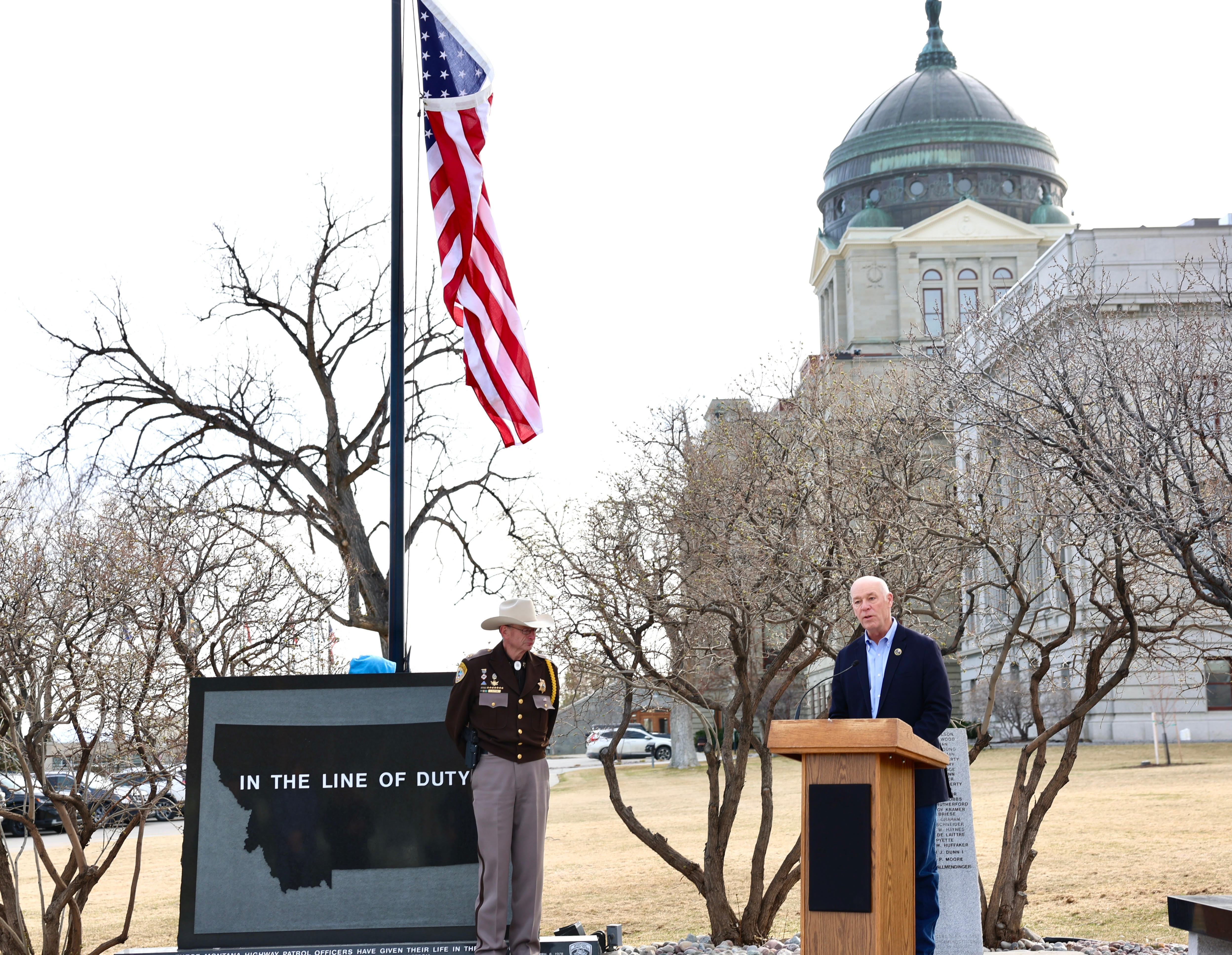 Gov. Gianforte speaking during the Flag Sojourn 250 ceremony at the Montana State Capitol