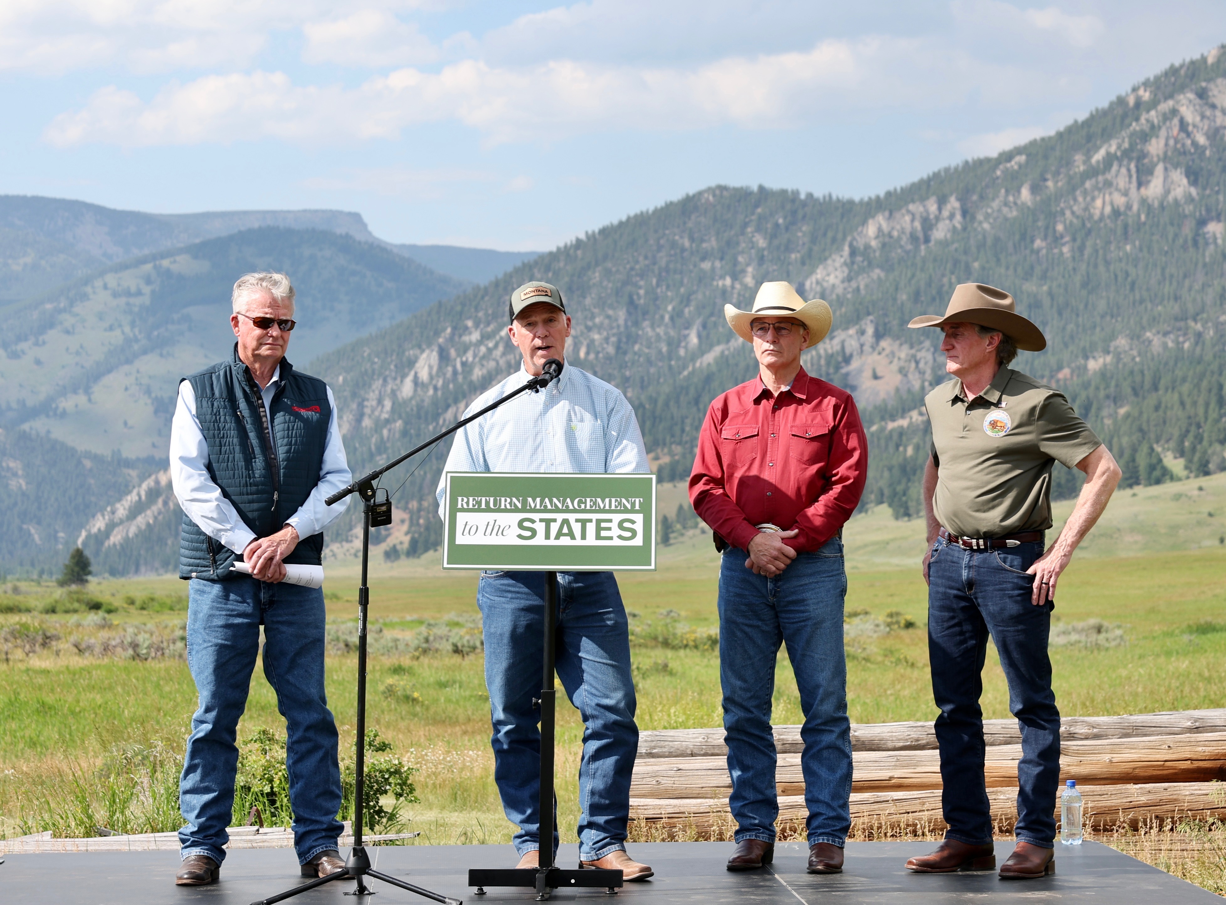 Gov. Gianforte, Sec. Burgum, Gov. Little, Gov. Gordon speaking during a press conference held at the Gallatin Wildlife Management Area  