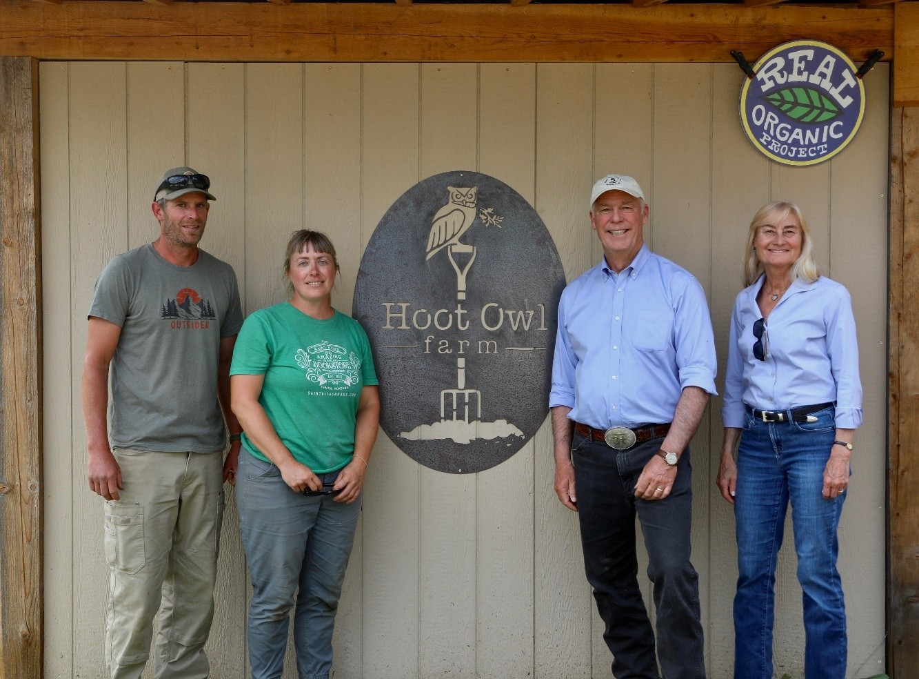 Gov. and First Lady Gianforte visiting with Hoot Owl Farm owners Rudy and Bonnie Gerber