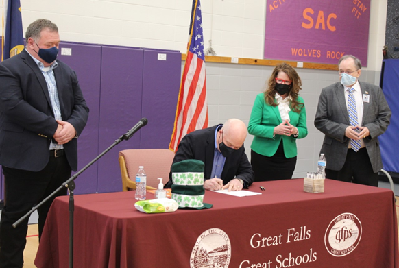 Governor Greg Gianforte signing the TEACH Act into law at Sacajawea Elementary School in Great Falls