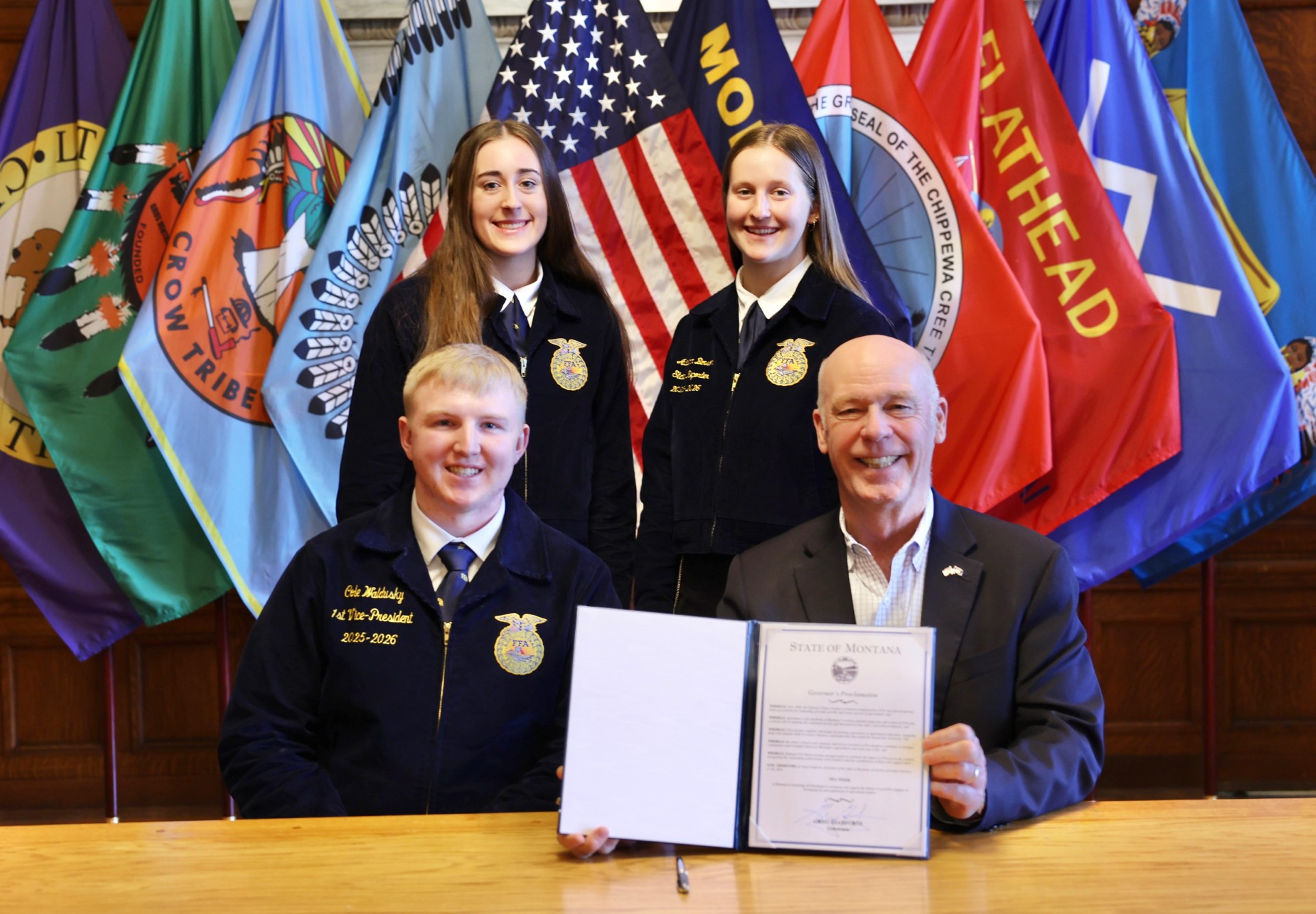 Gov. Gianforte proclaiming FFA Week with Montana FFA state officers in Helena