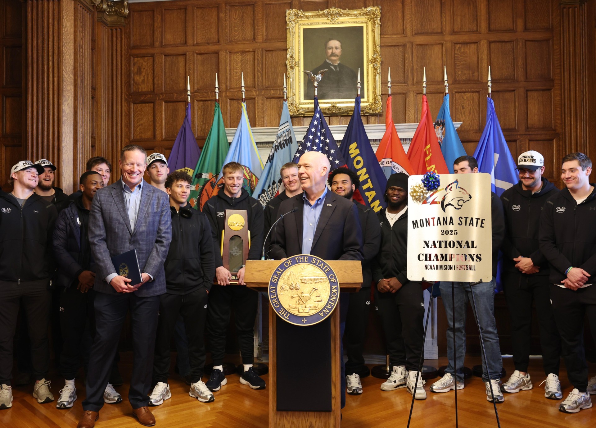 Gov. Gianforte hosting the MSU Bobcat football team at the State Capitol