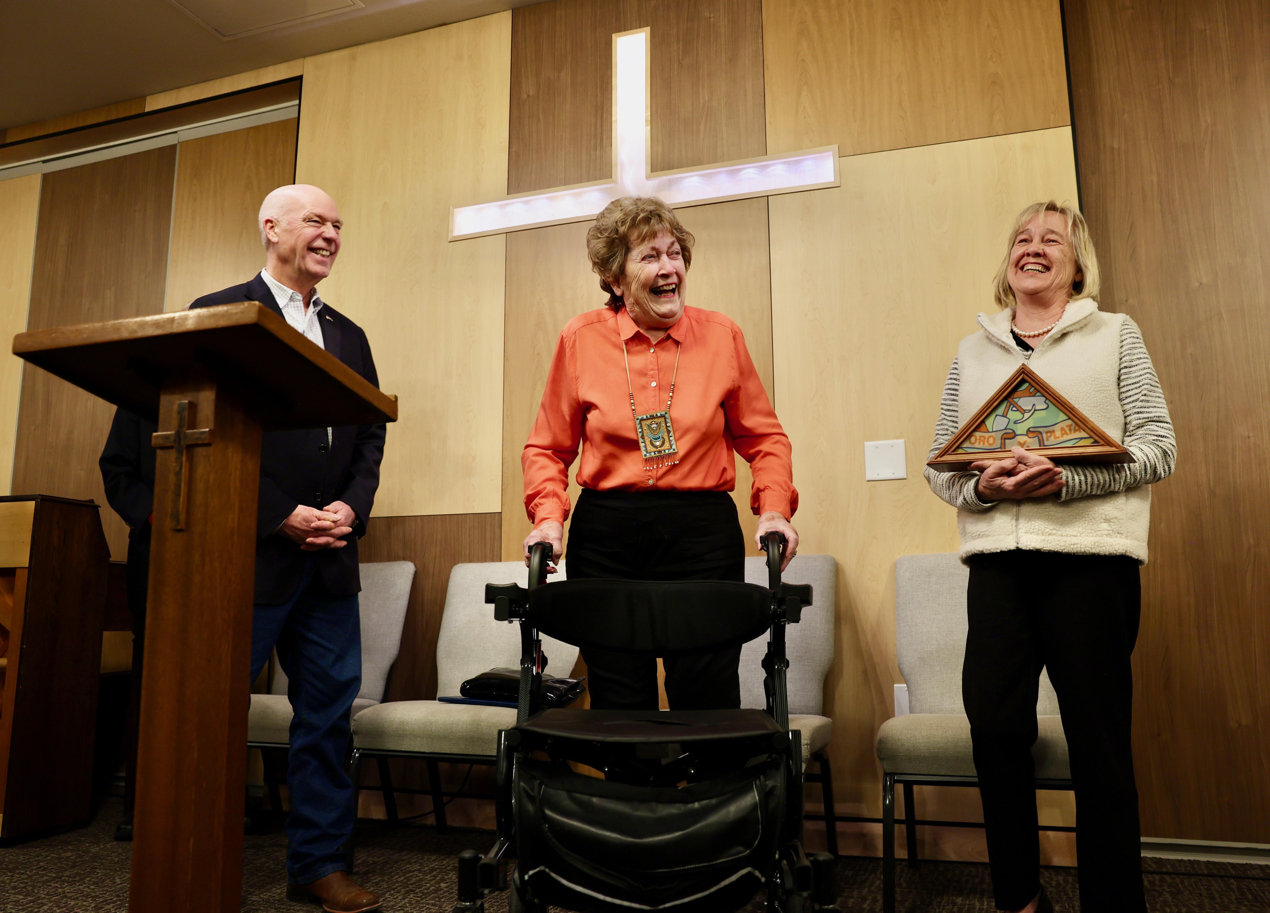 Gov. Gianforte (left) and Lt. Gov. Juras (right) honoring Norma Smith (middle) with the Spirit of Montana award in Great Falls