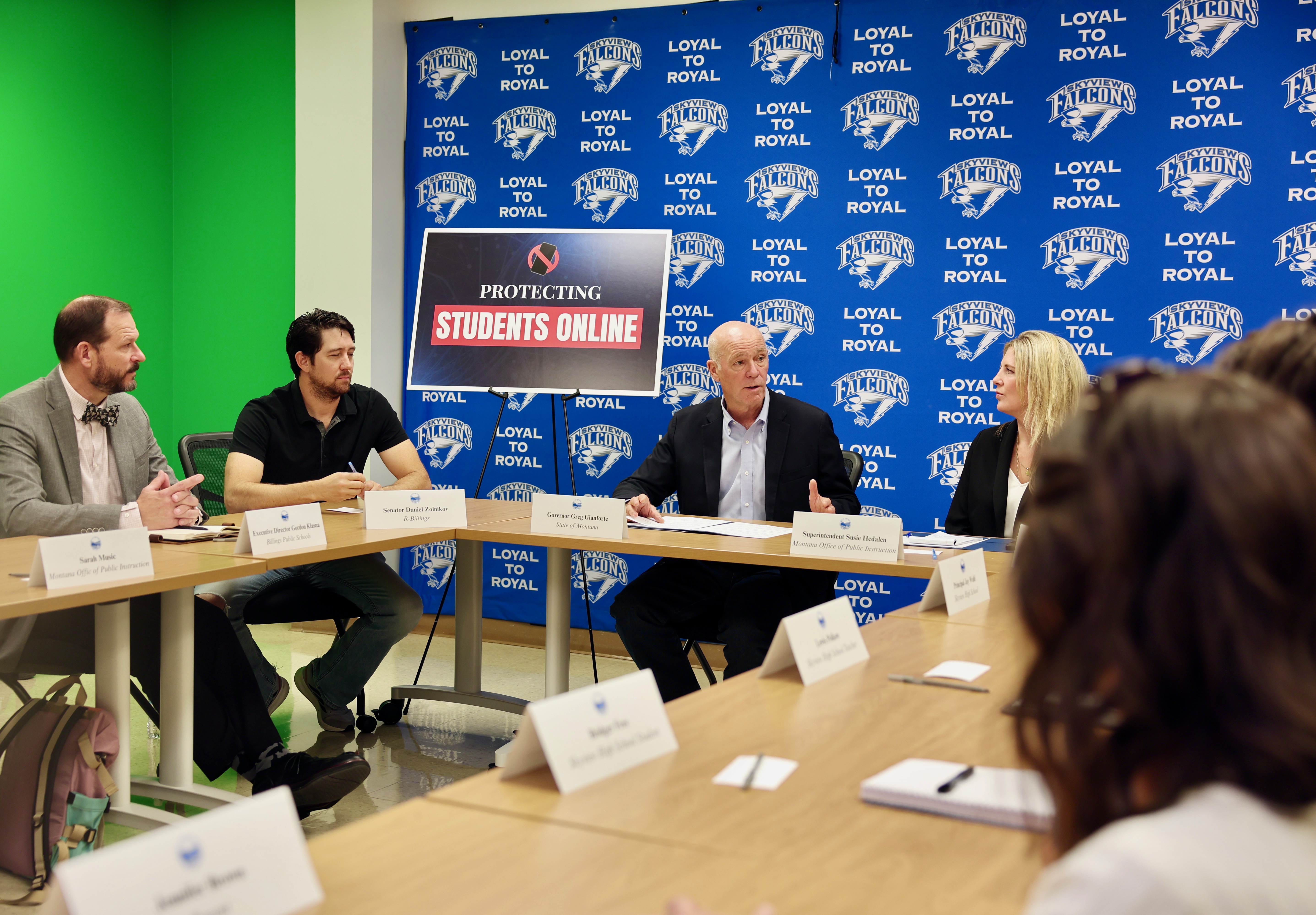 Gov. Gianforte (center) hosting a roundtable discussion with Supt. Hedalen (right) and Sen. Zolnikov (left) at Skyview High School in Billings