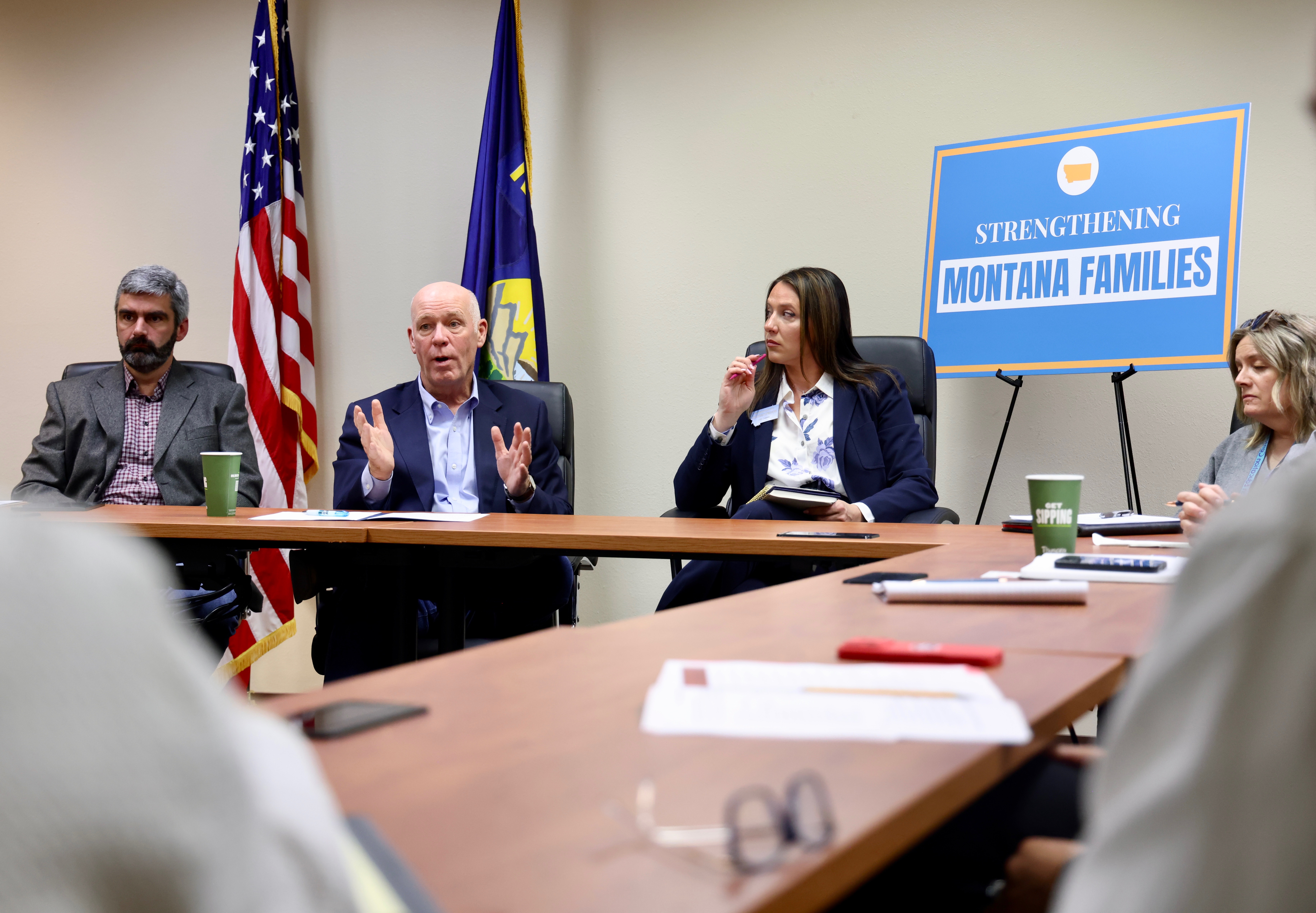 Gov. Gianforte holding a roundtable discussion in Kalispell joined by Aaron Scolfield of Rooted Families (left) and Rep. Courtenay Sprunger, R-Kalispell 