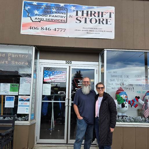 Jay and Susan Wood, co-founders of SW Montana Veteran Food Pantry, standing in front of the food pantry location in Deer Lodge