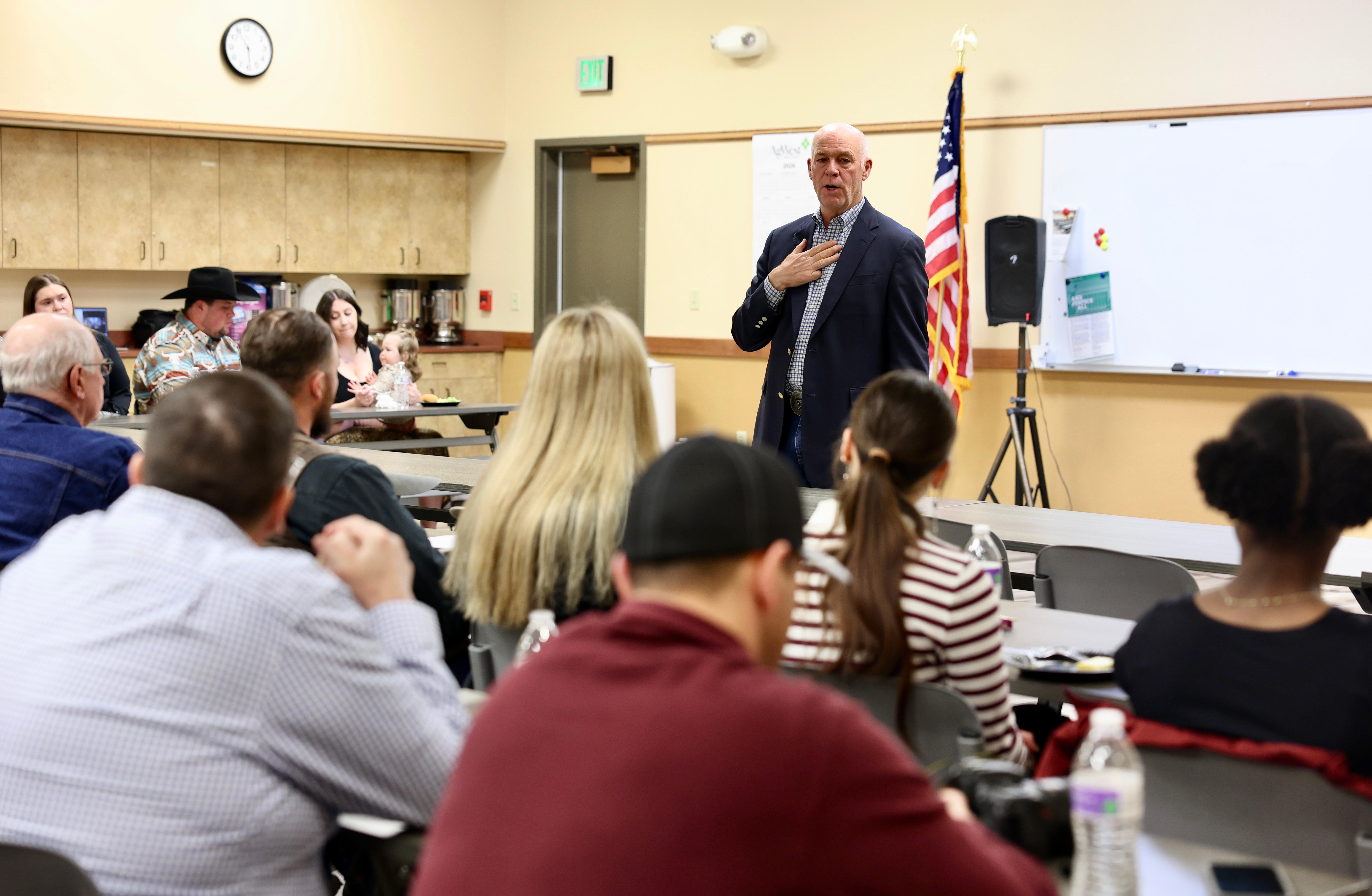 Gov. Gianforte speaking during a town hall in Sidney