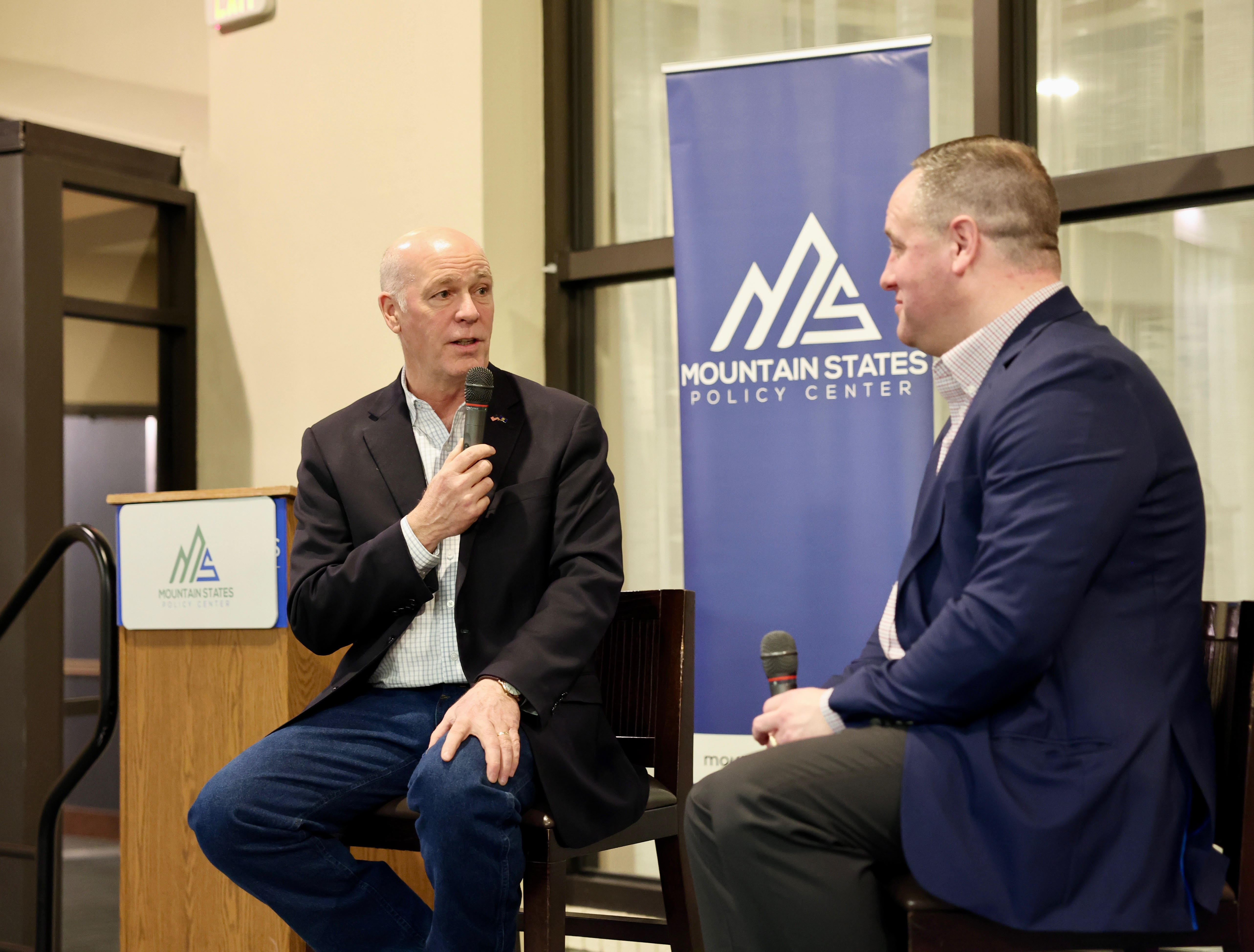 Gov. Gianforte talking with MSPC Founder and President Chris Cargill during an event in Helena