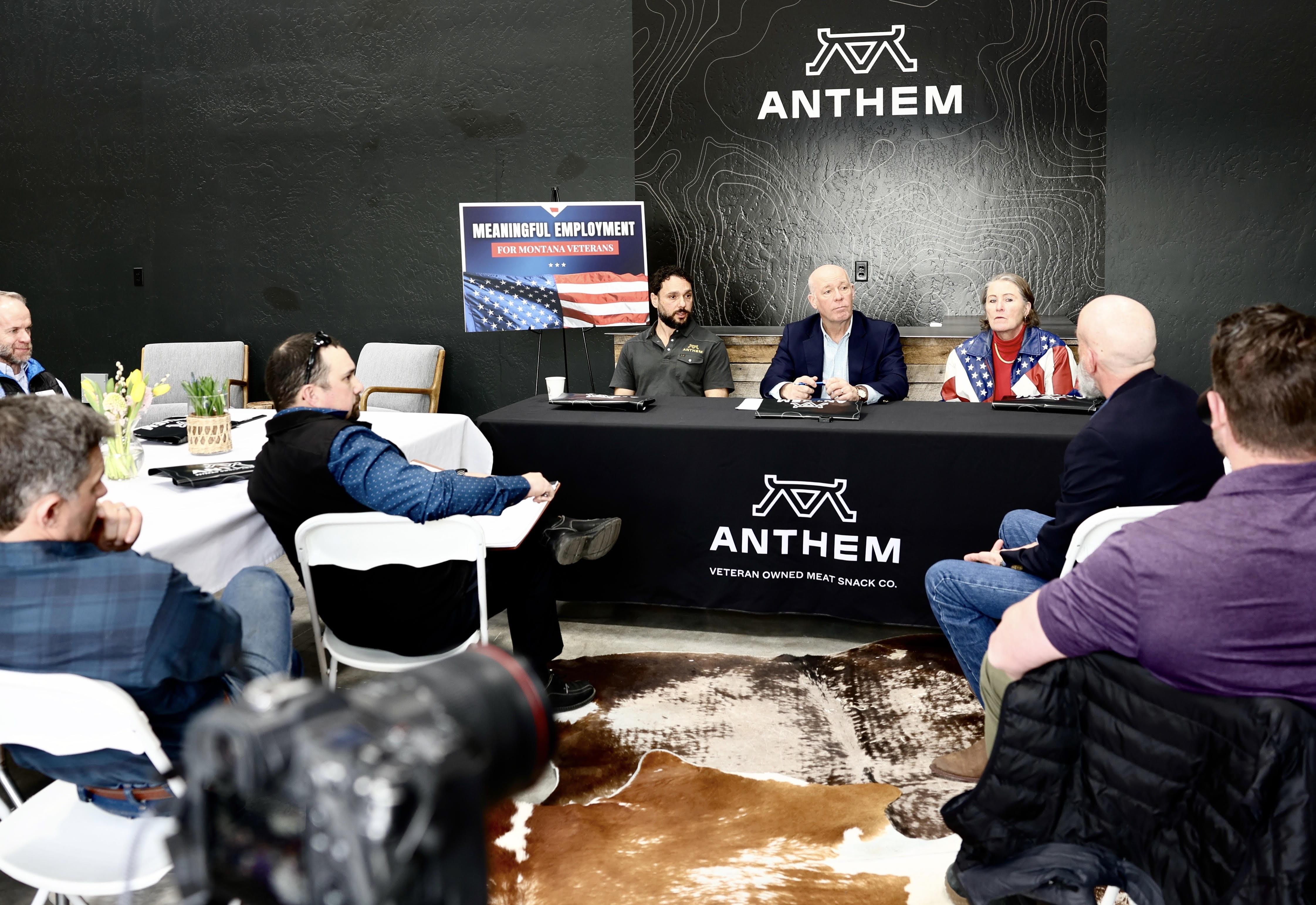 Gov. Gianforte (middle) meeting with veteran business owners at Anthem Snacks in Bozeman with owner Nate Kouhana (left) and Sen. Shelley Vance, R-Bozeman (right)