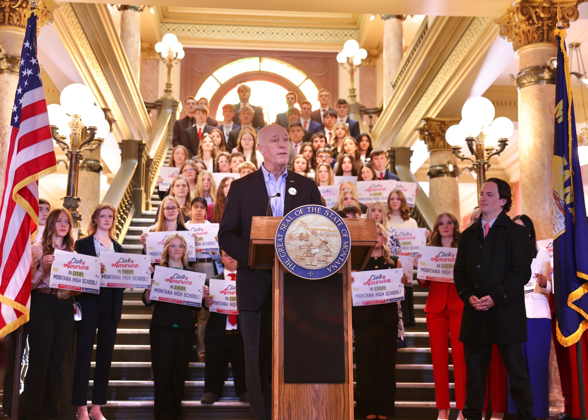Gov. Gianforte speaking during a TPUSA event held at the state capitol in Helena