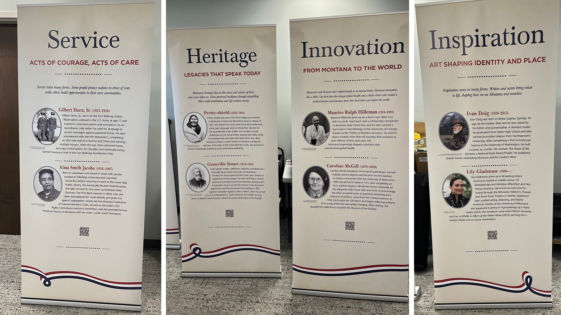 Four of the banners from the traveling exhibit: Service, Heritage, Innovation, and Inspiration.